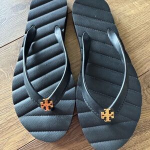 Tory Burch Black Sandals with Gold Accents